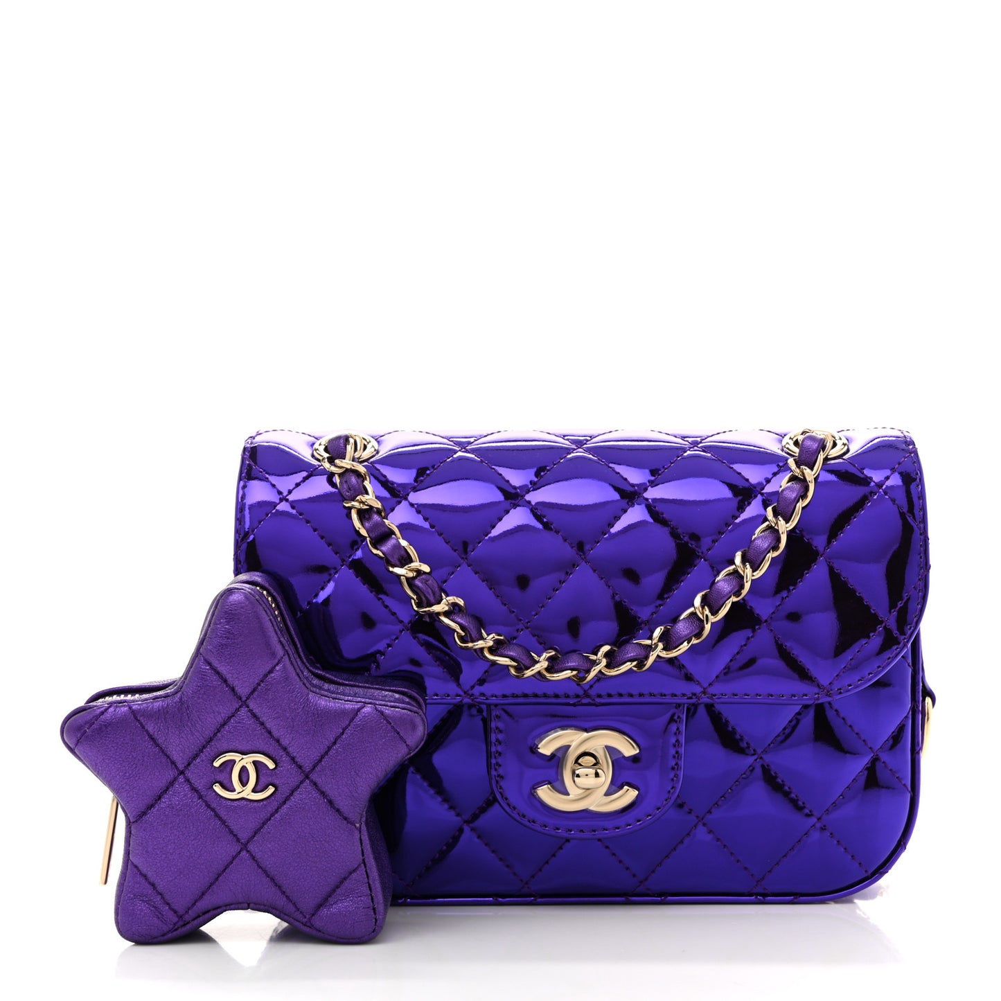 Mirror Calfskin Metallic Calfskin Quilted Hollywood Boulevard Mini Flap With Star Coin Purse Purple