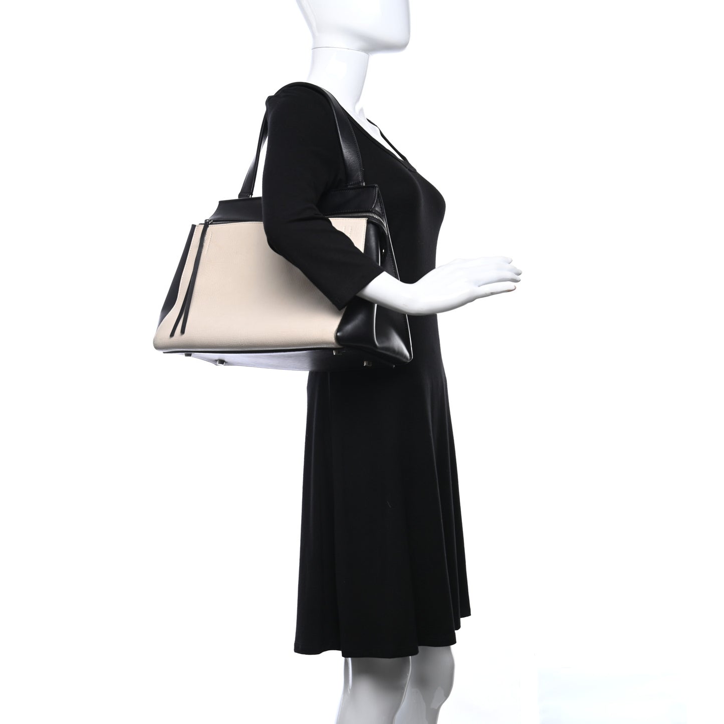 Supple Calfskin Medium Bi-Color Edge Shoulder Bag Cream