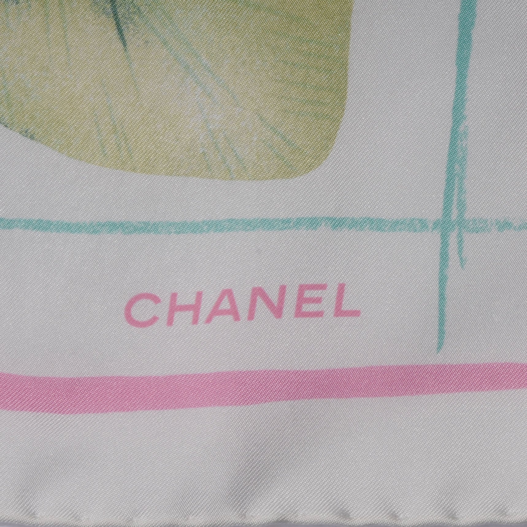 Chanel Silk Camellia Flower Scarf White Pink 3 of 5