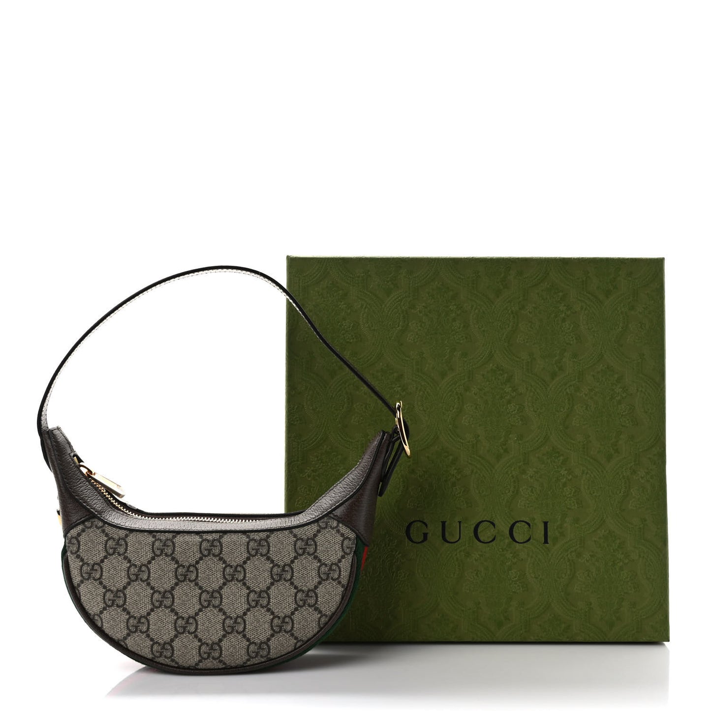 GG Supreme Monogram Textured Calfskin Web Mini Ophidia Half Moon Hobo Beige Ebony New Acero