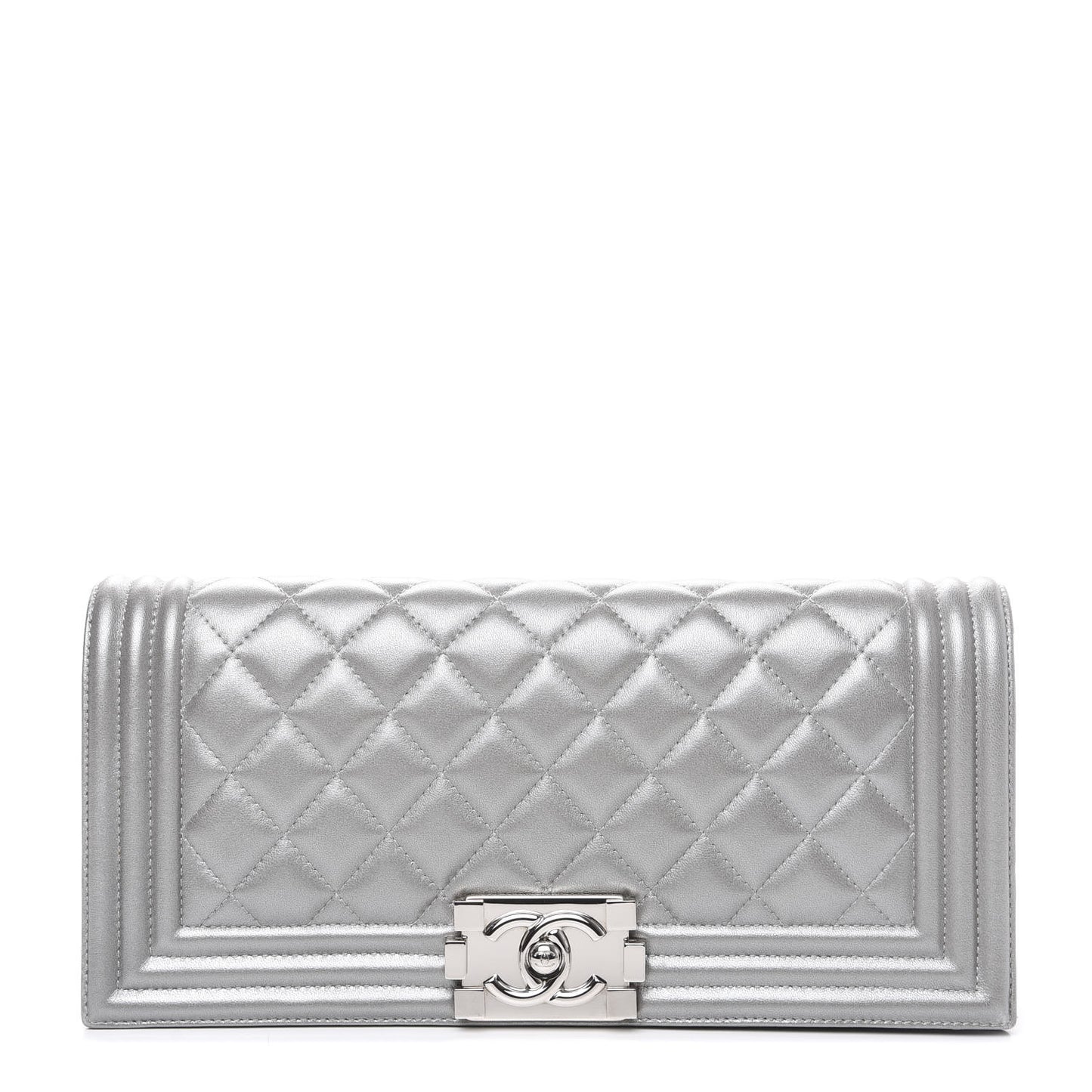 Metallic Lambskin Quilted Boy Flap Clutch Silver