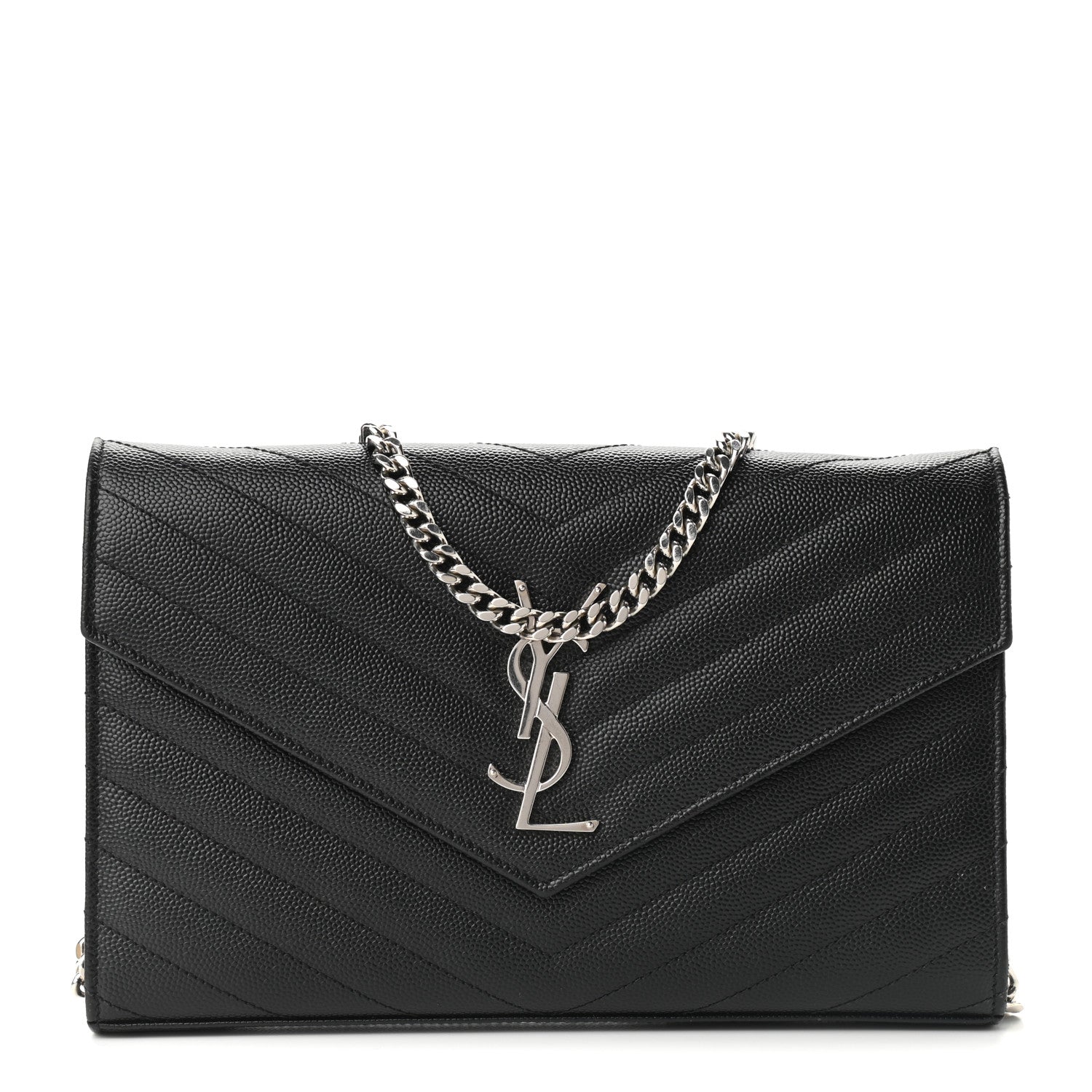 Saint Laurent Grain De Poudre Matelasse Chevron Monogram Chain Wallet Black 1 of 9