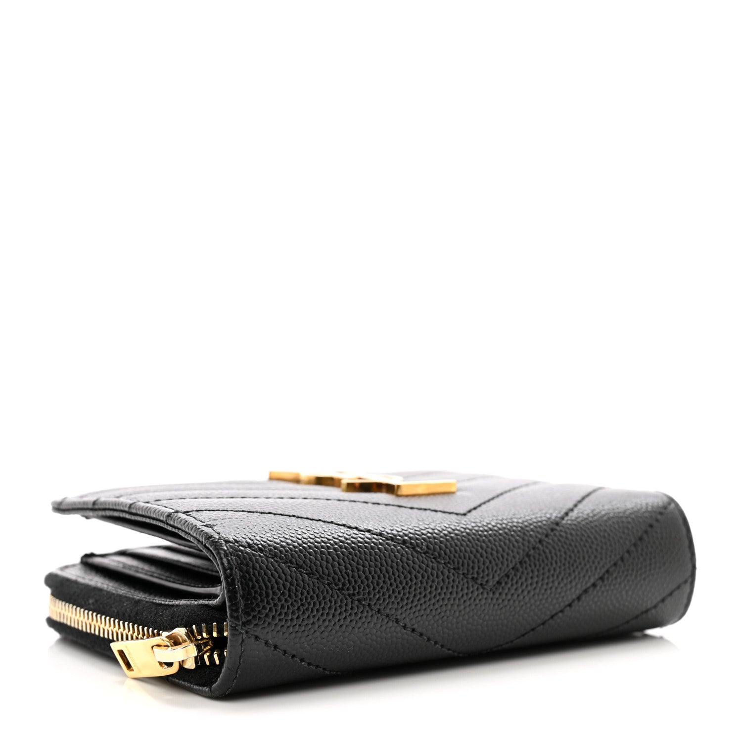 Saint Laurent Grain De Poudre Matelasse Chevron Monogram Compact Zip Around Wallet Black 4 of 9