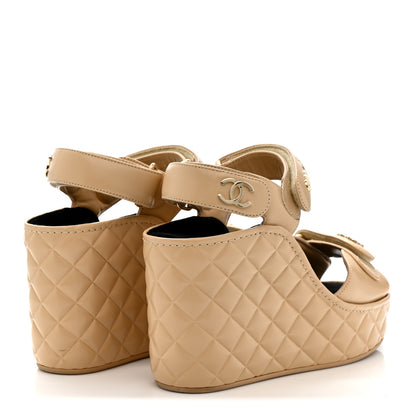 Chanel Shiny Calfskin Quilted Wedge Sandals 37 Beige 4 of 12