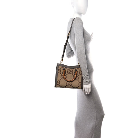 Monogram Jumbo GG Textured Dollar Calfskin Small Diana Tote Bag Camel Ebony New Acero