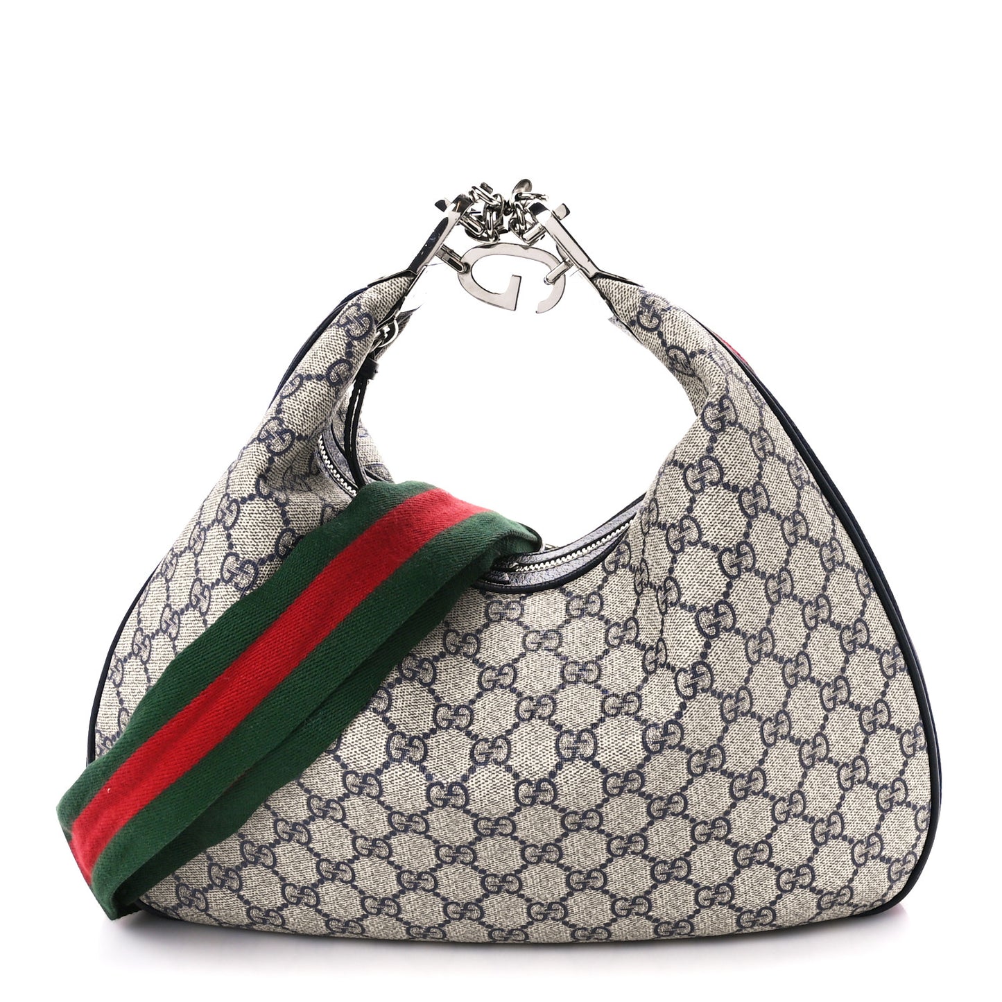 GG Supreme Monogram Textured Calfskin Web Large Attache Shoulder Bag Beige Blue