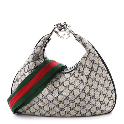 Gucci GG Supreme Monogram Textured Calfskin Web Large Attache Shoulder Bag Beige Blue 1 of 13