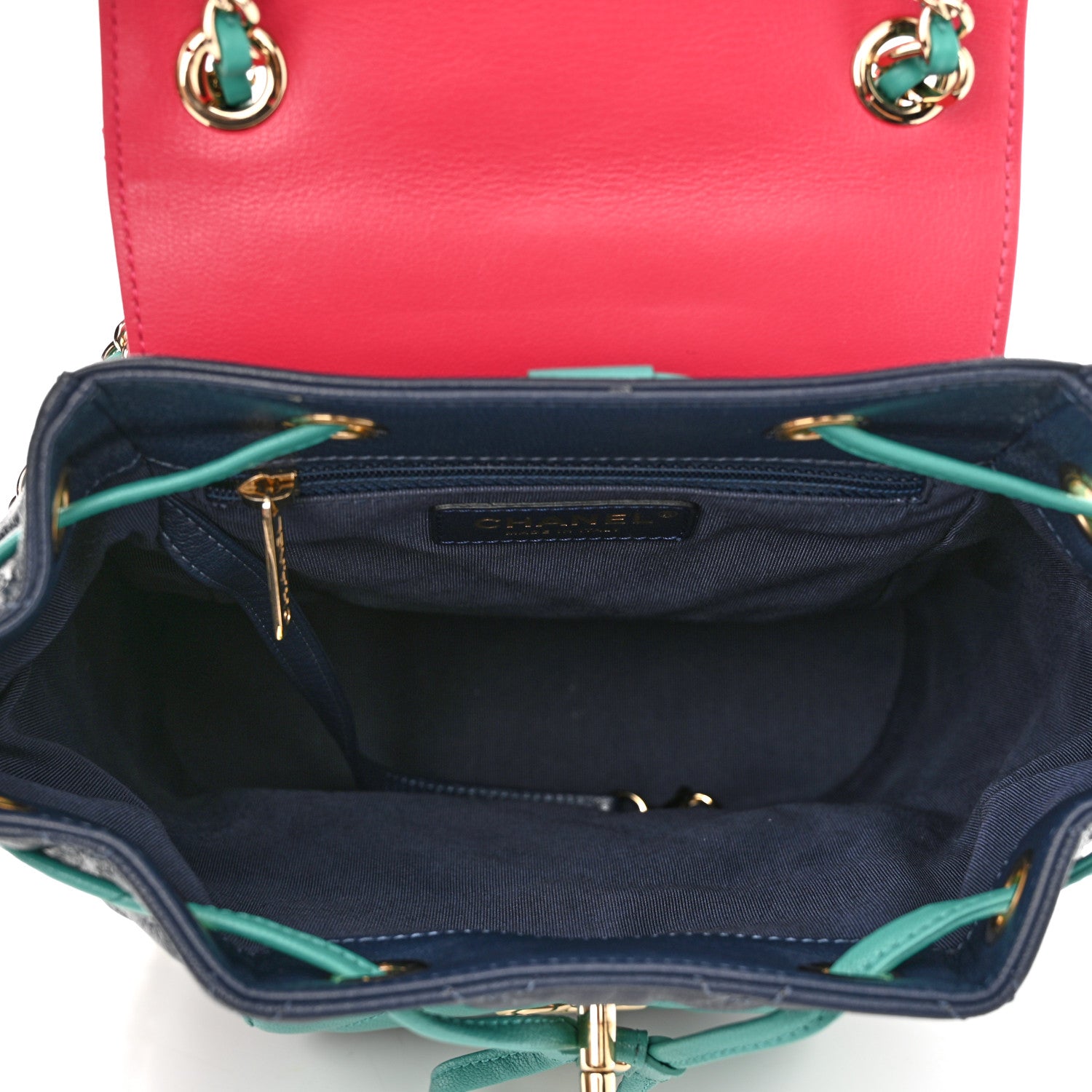 Chanel Goatskin Quilted Duma Drawstring Backpack Navy Turquoise Pink 5 of 11