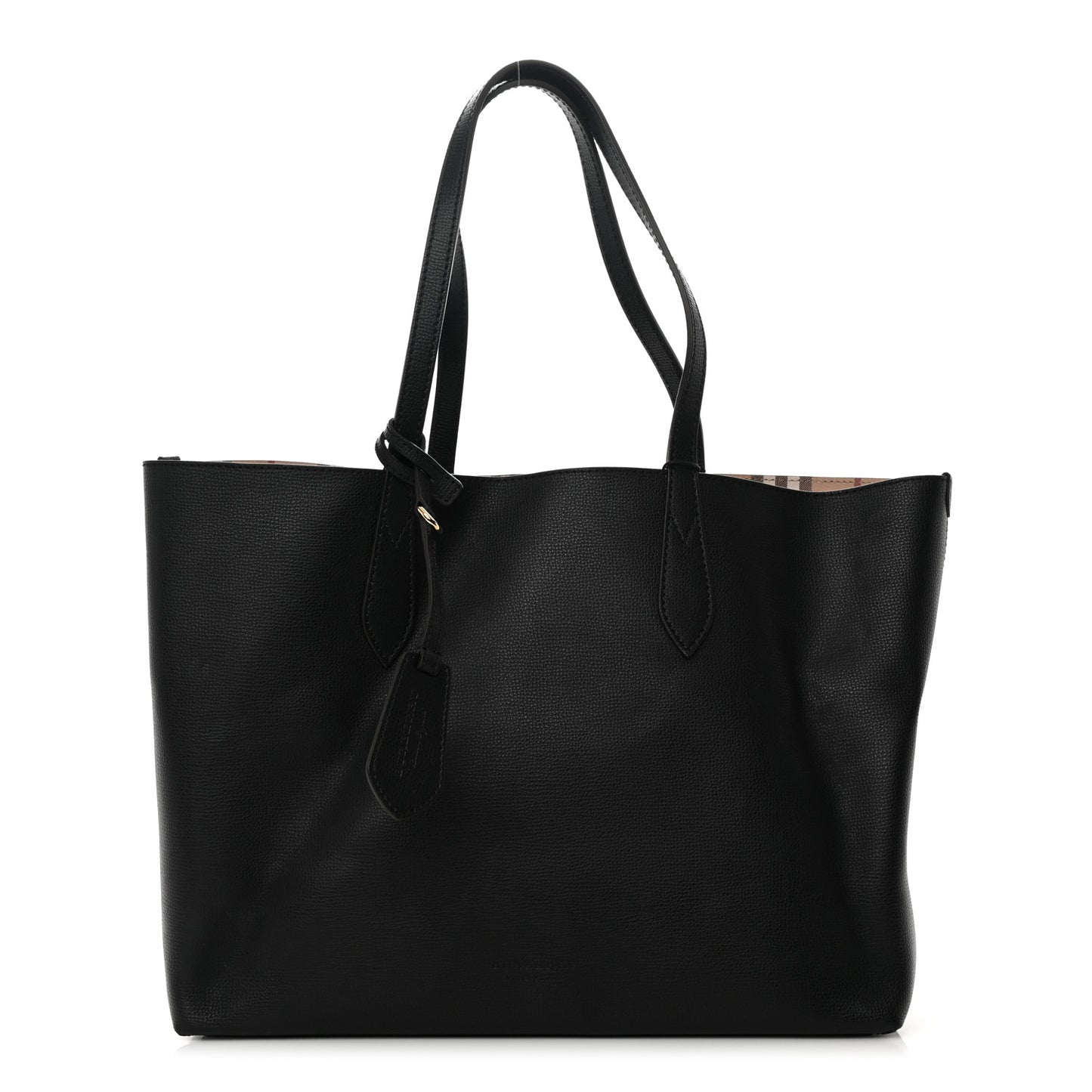 Grainy Calfskin Haymarket Check Medium Reversible Tote Black
