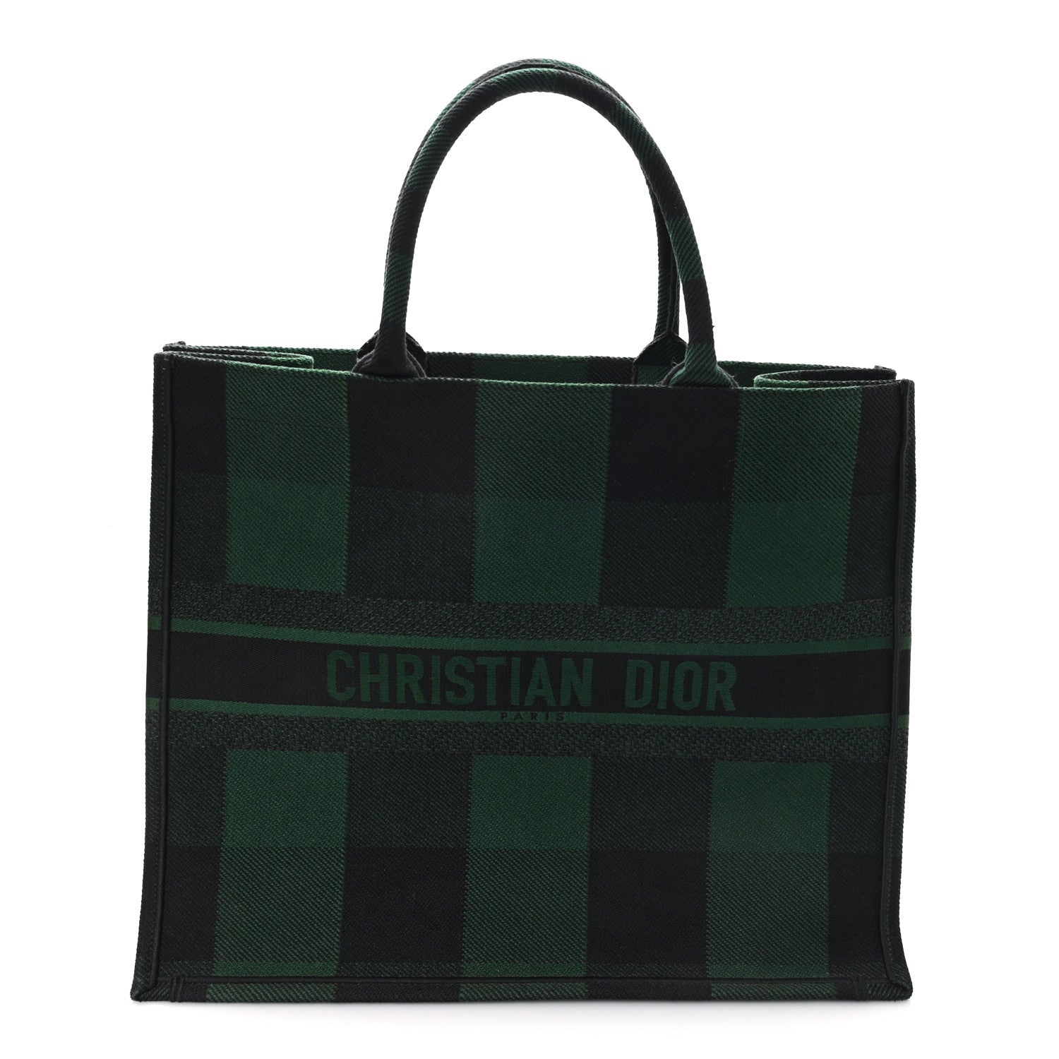 Christian Dior Canvas Embroidered Large Checkered Book Tote Black Green 1 of 11