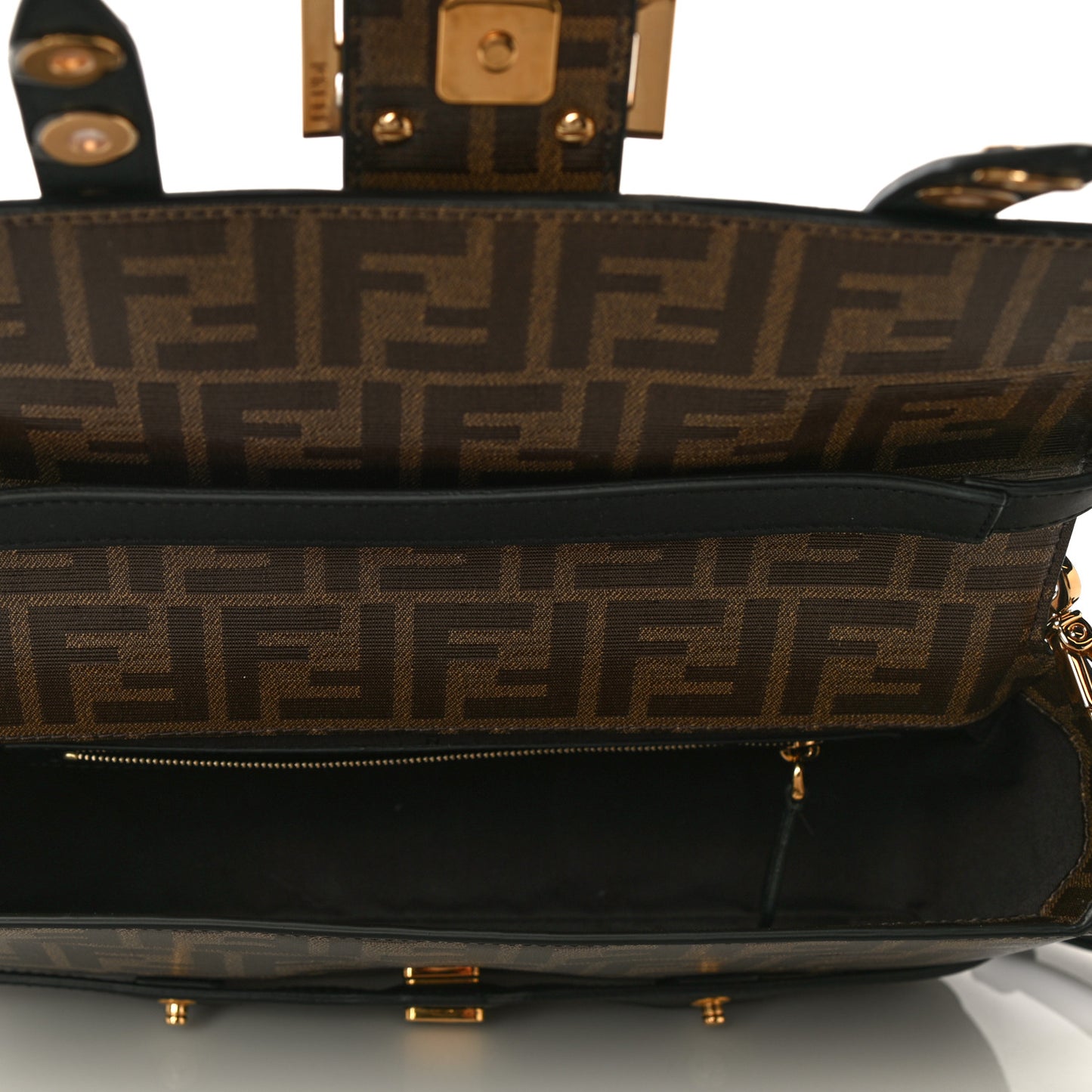 Glazed Fabric Vitello Century FF 1974 Large Baguette Cage Mogano Panna Black