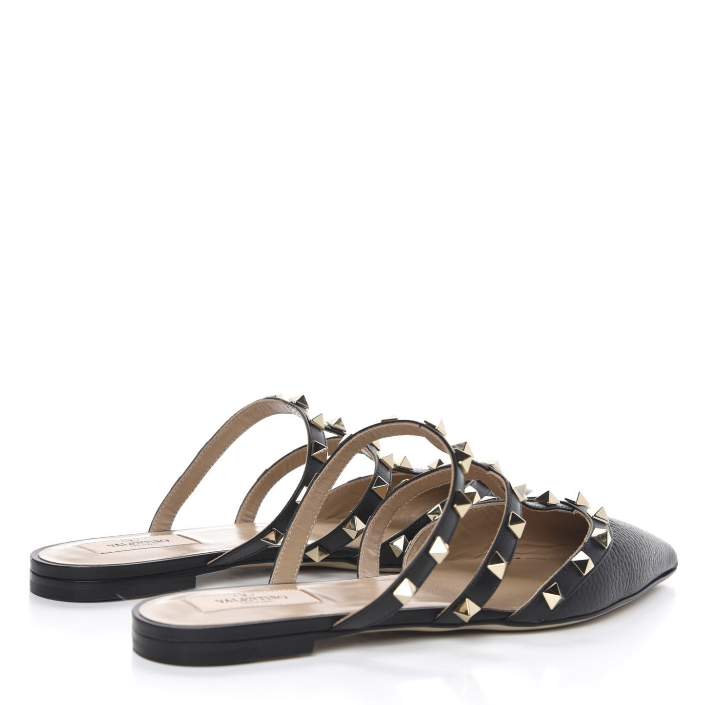 Pebbled Calfskin Rockstud Flat Cage Mules 38 Black