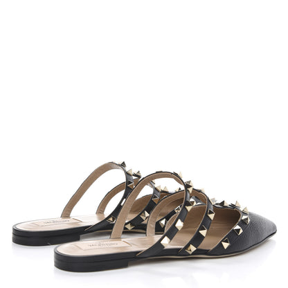 Valentino Garavani Pebbled Calfskin Rockstud Flat Cage Mules 38 Black 4 of 8
