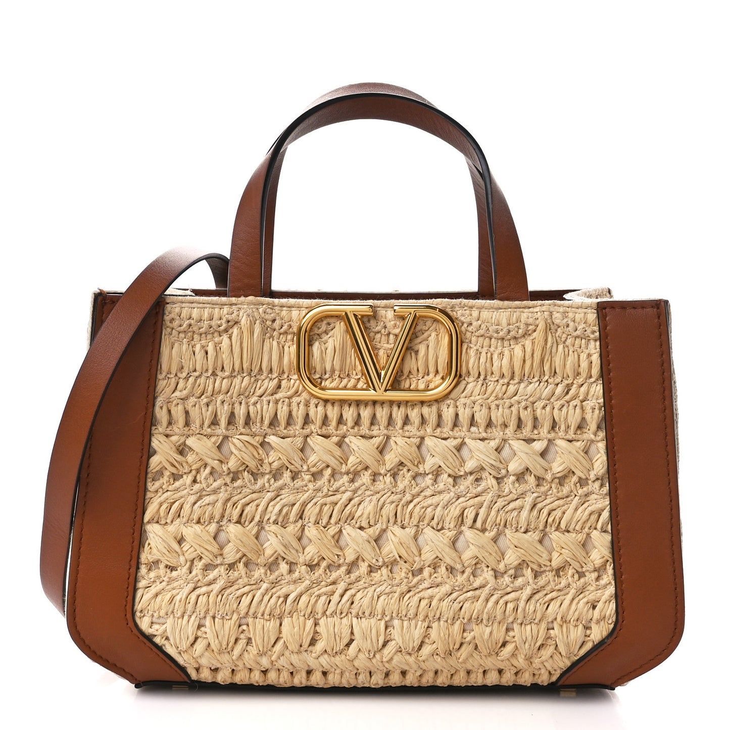Raffia Calfskin Small Vlogo Signature Tote Natural Saddle Brown