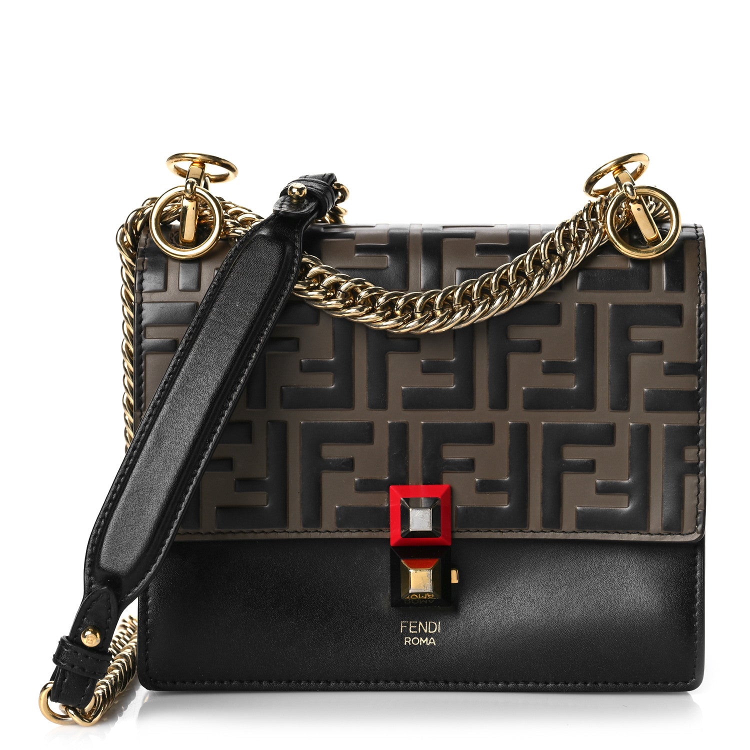 Fendi Vitello Liberty Bi-Color FF 1974 Embossed Small Kan I Shoulder Bag Black Maya 1 of 12