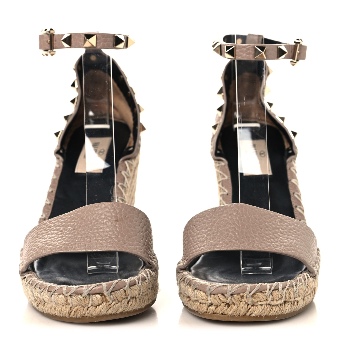 Grained Calfskin Rockstud Ankle Strap Espadrille 15/105mm Wedge Sandals 35 Poudre Natural