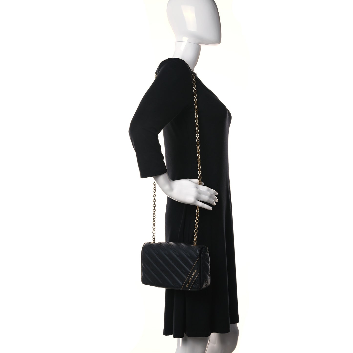 Calfskin Logo Embroidered Shoulder Bag Black