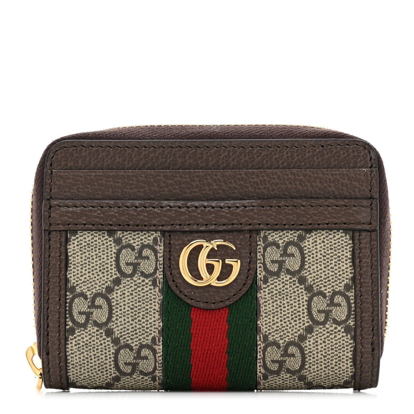 GG Supreme Monogram Textured Dollar Calfskin Web Ophidia Zip Around Card Case Wallet Beige Ebony New Acero