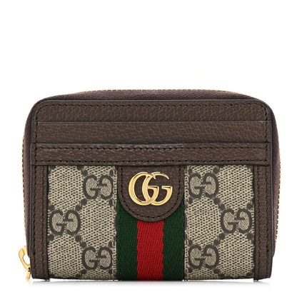 Gucci GG Supreme Monogram Textured Dollar Calfskin Web Ophidia Zip Around Card Case Wallet Beige Ebony New Acero 1 of 10