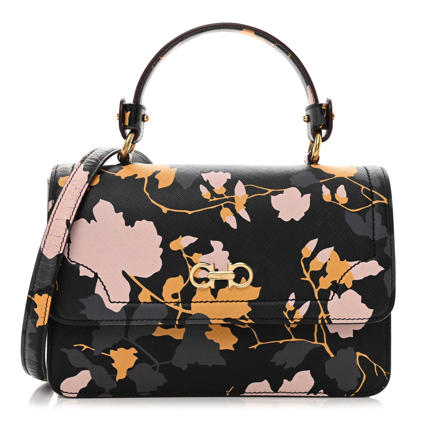 Hammered Calfskin Floral Printed Seila Top Handle Crossbody Bag Black Multicolor