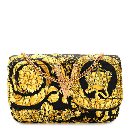 Versace Silk Barocco Printed Quilted Virtus V Mini Chain Flap Shoulder Bag Black Gold 1 of 10