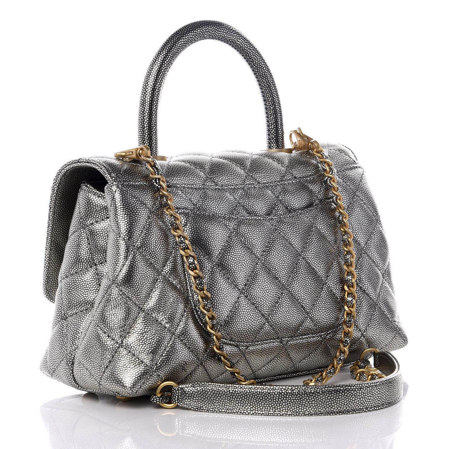 Metallic Caviar Quilted Mini Coco Handle Flap Silver