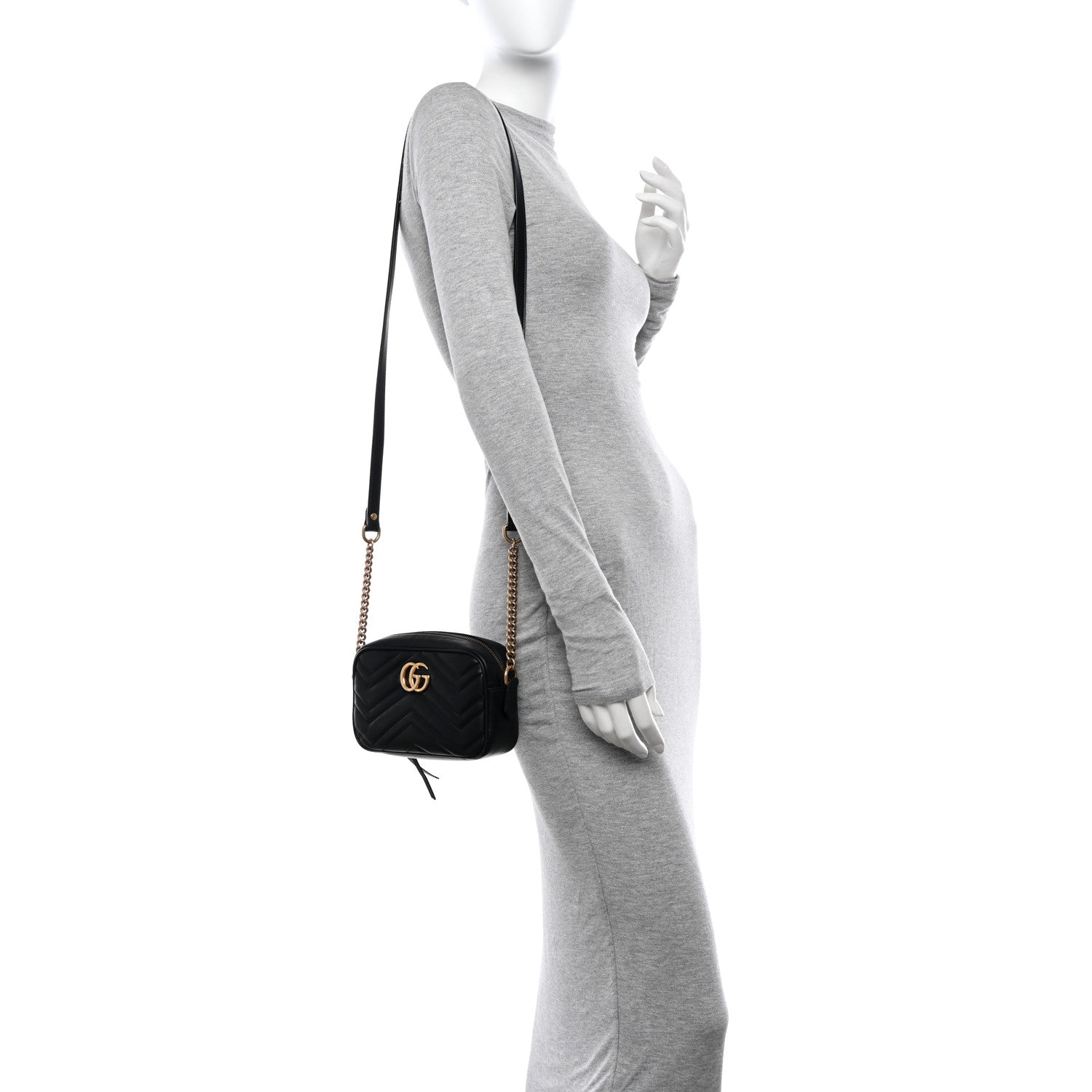 Gucci Calfskin Matelasse Mini GG Marmont Chain Shoulder Bag Black 2 of 14