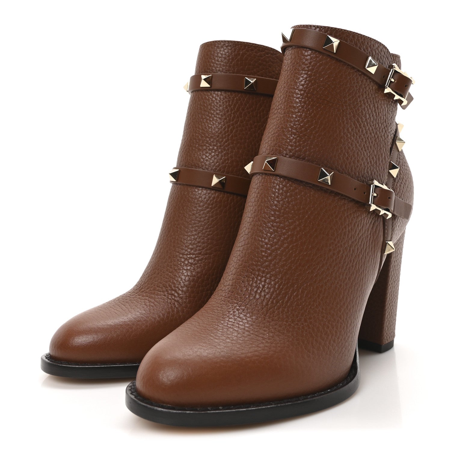 Valentino Garavani Pebbled Calfskin Rockstud Double Buckle 70mm Block Heel Ankle Boots 37.5 Bright Cognac 4 of 9