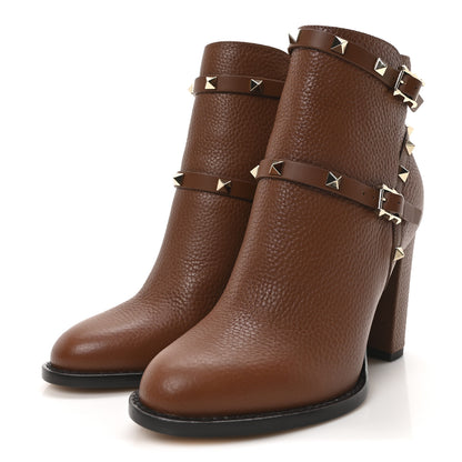 Valentino Garavani Pebbled Calfskin Rockstud Double Buckle 70mm Block Heel Ankle Boots 37.5 Bright Cognac 4 of 9