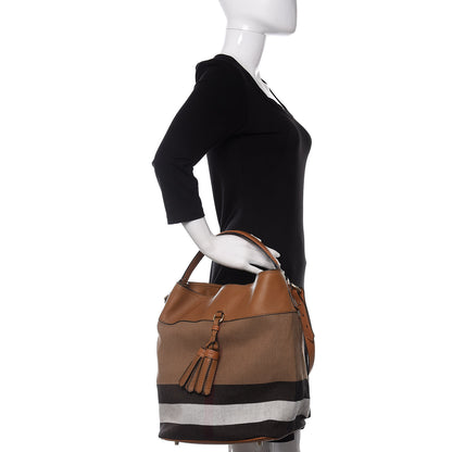 Burberry Grainy Calfskin Canvas Mega Check Medium Ashby Tassel Hobo Saddle Brown 2 of 10