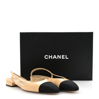 Chanel Goatskin Grosgrain Cap Toe CC Slingback Sandals 40 Beige Black 10 of 10