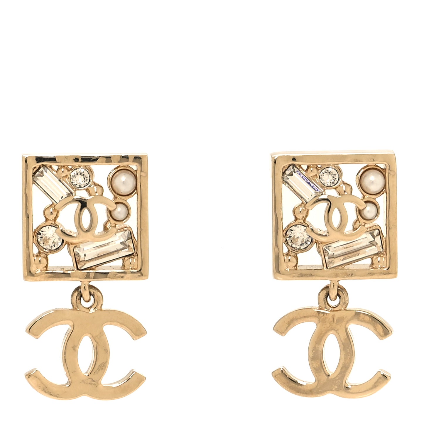 Baguette Crystal CC Drop Earrings Gold