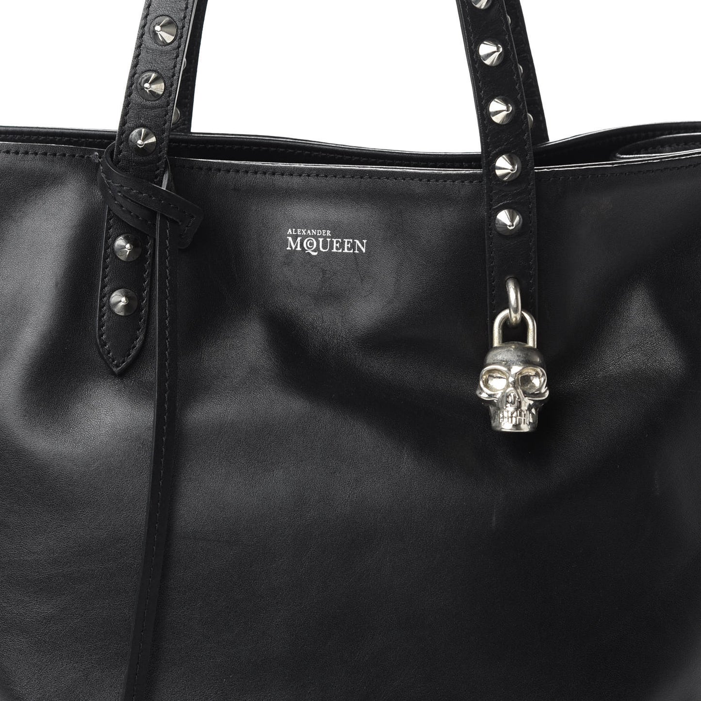 Pebbled Calfskin Skull Studded Padlock Tote Black