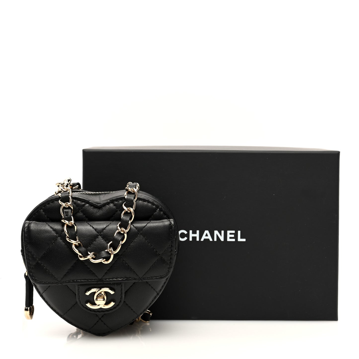 Lambskin Quilted CC In Love Heart Waist Belt Bag With Chain Black