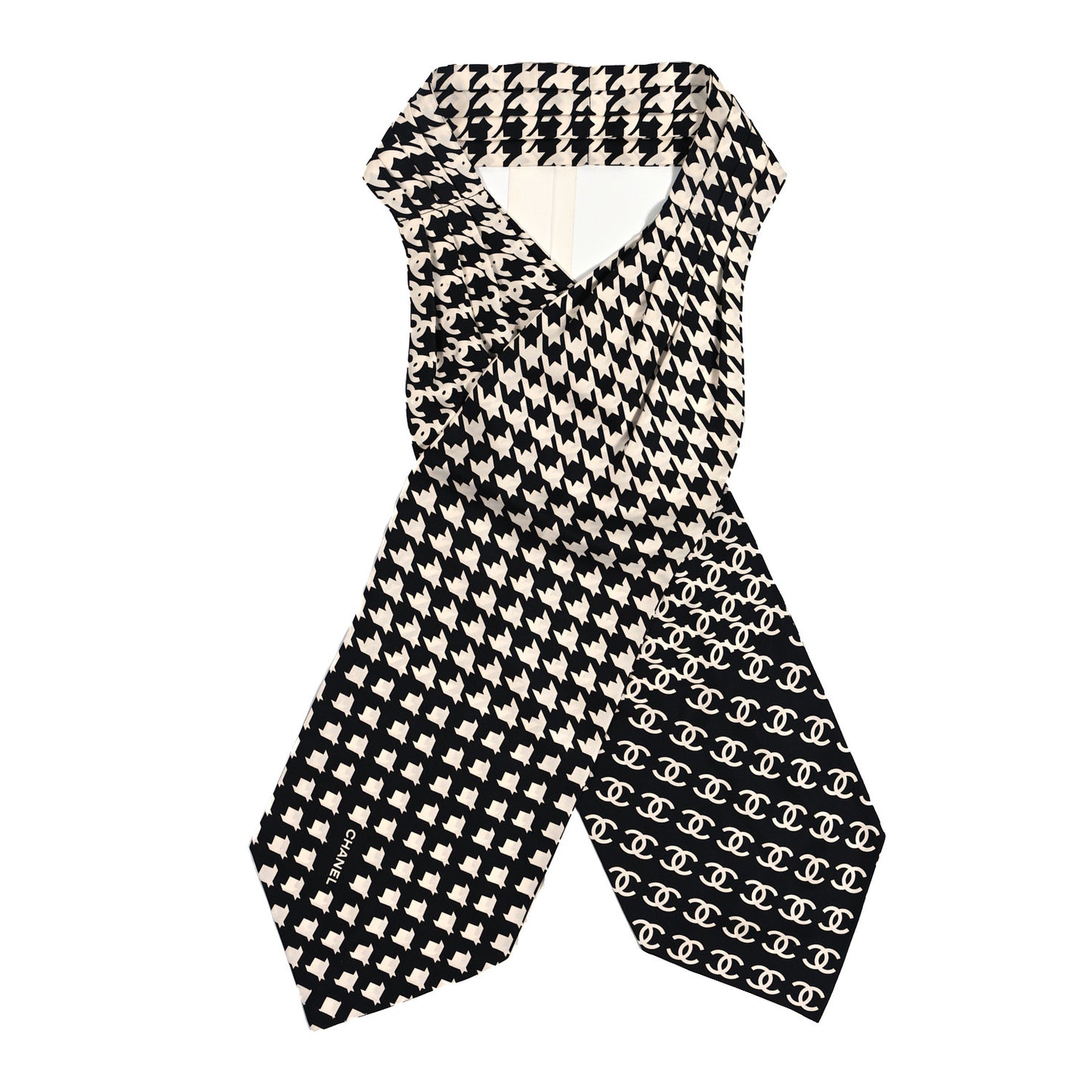 Silk Twill Houndstooth Slim Bandeau Scarf Black Ecru