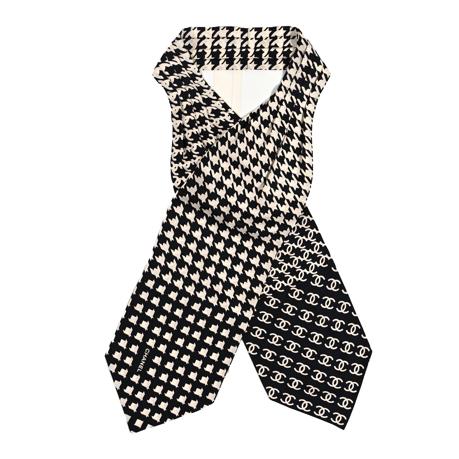 Chanel Silk Twill Houndstooth Slim Bandeau Scarf Black Ecru 1 of 3