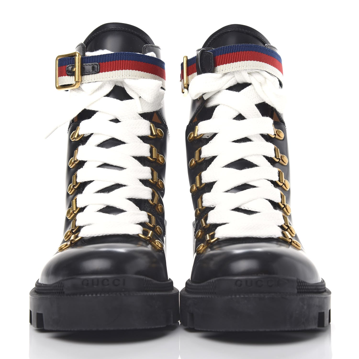 Gucci Calfskin Sylvie Web Lace Up Combat Boots 38 Black 2 of 11