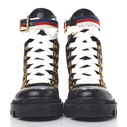 Gucci Calfskin Sylvie Web Lace Up Combat Boots 38 Black 2 of 11