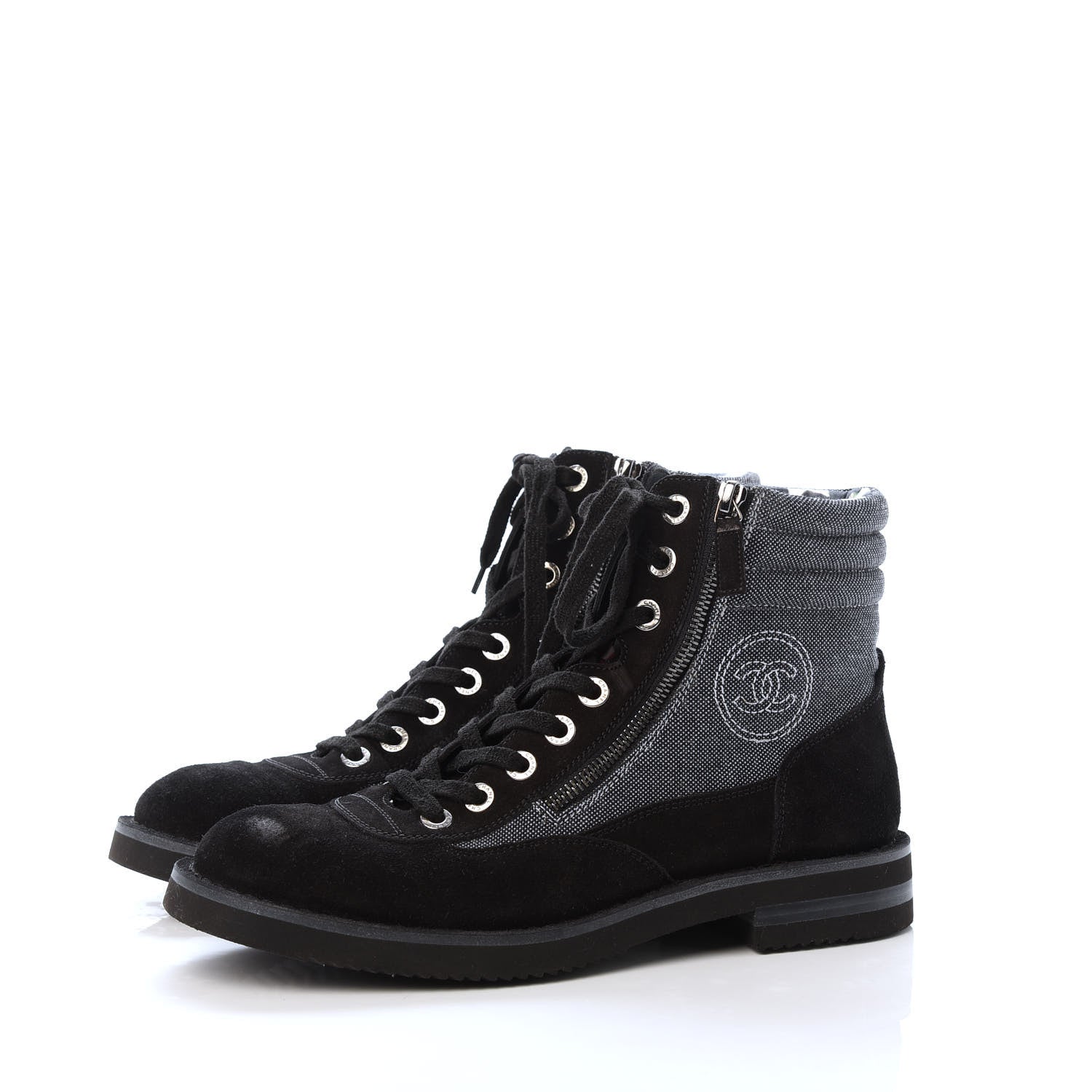 Chanel Toile Suede Calfskin CC Lace Up Short Boots 41 Dark Grey 3 of 9