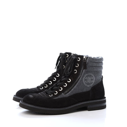 Chanel Toile Suede Calfskin CC Lace Up Short Boots 41 Dark Grey 3 of 9
