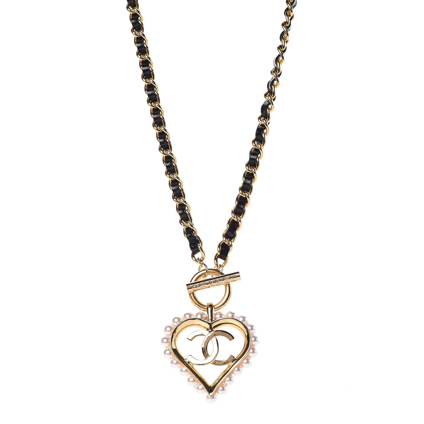 Calfskin Pearl Heart Necklace Gold Black