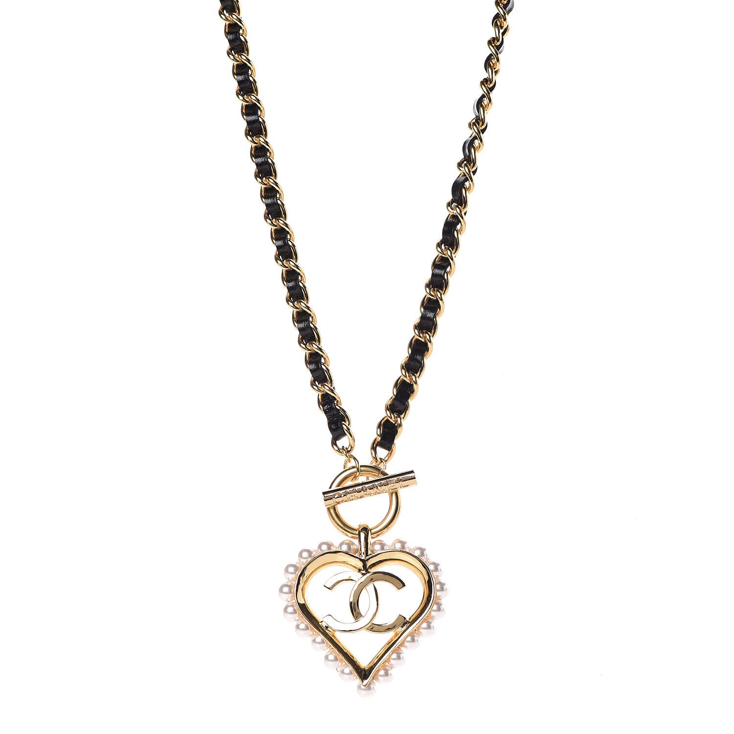 Chanel Calfskin Pearl Heart Necklace Gold Black 1 of 7
