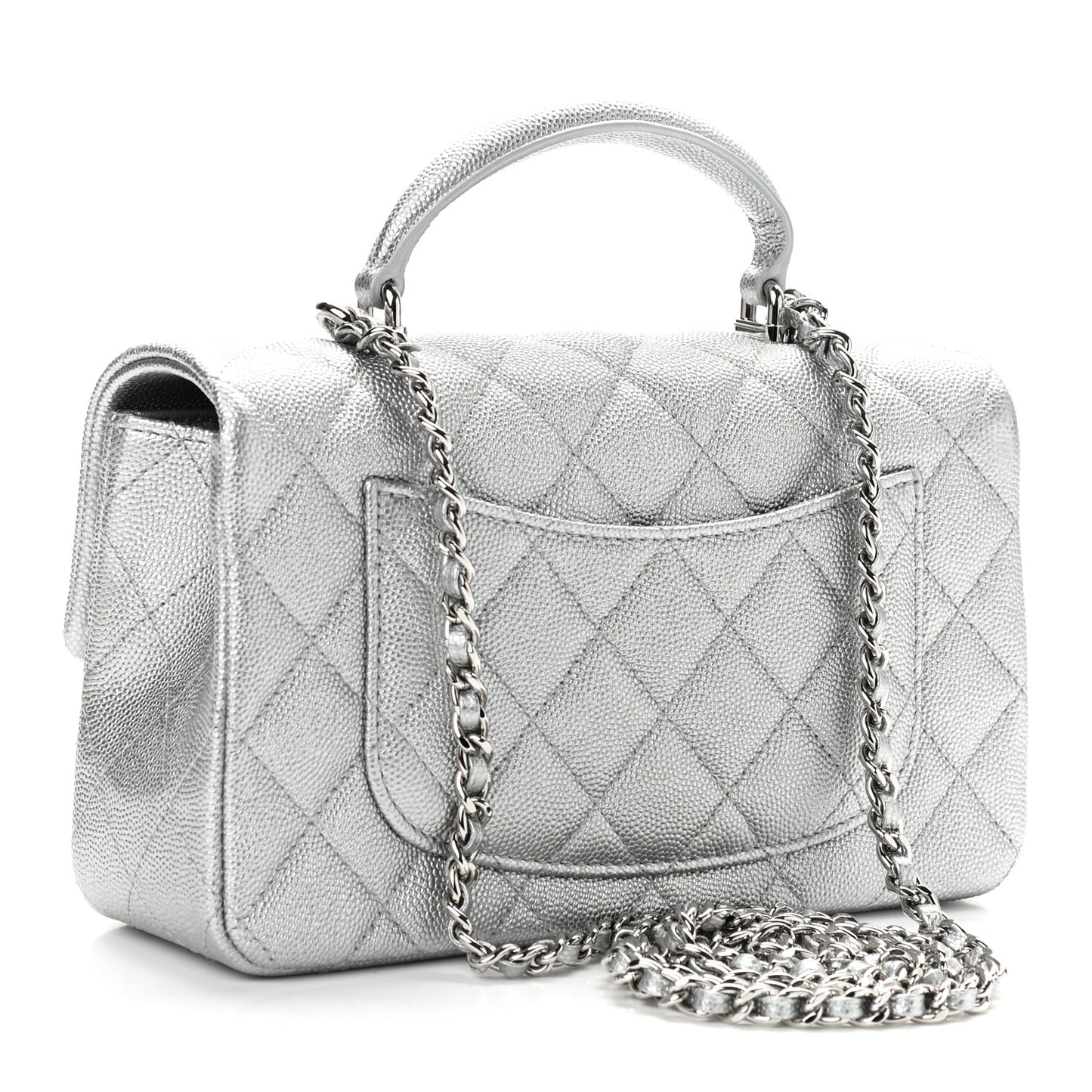Metallic Caviar Quilted Mini Top Handle Rectangular Flap Silver