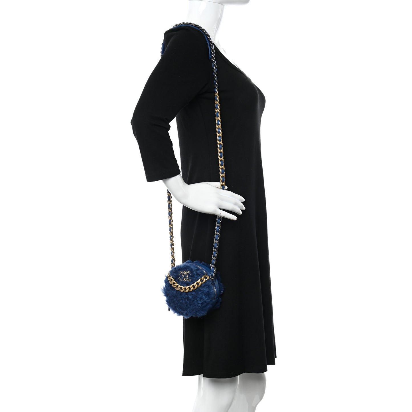 Shearling Sheepskin Chanel 19 Round Clutch With Chain Blue