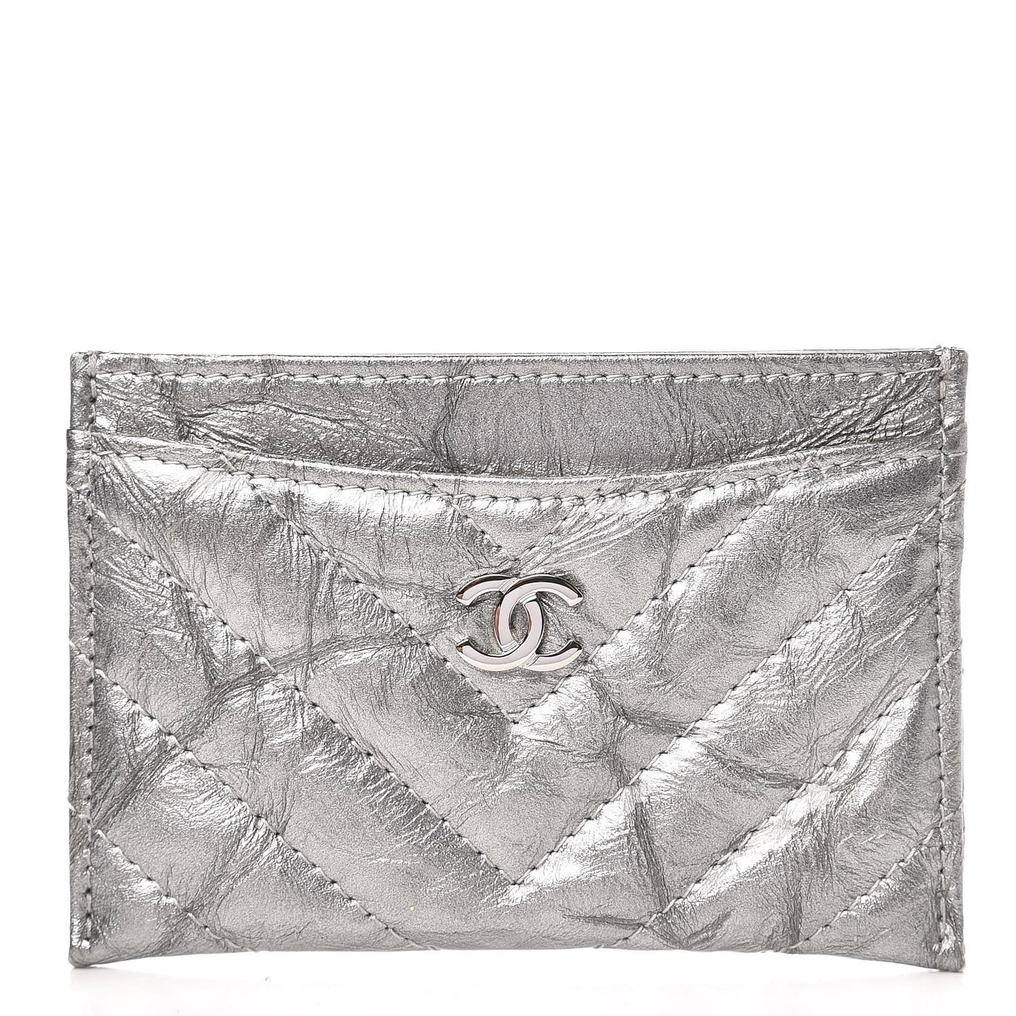 Patent Metallic Crumpled Calfskin Chevron Quilted Card Holder Silver