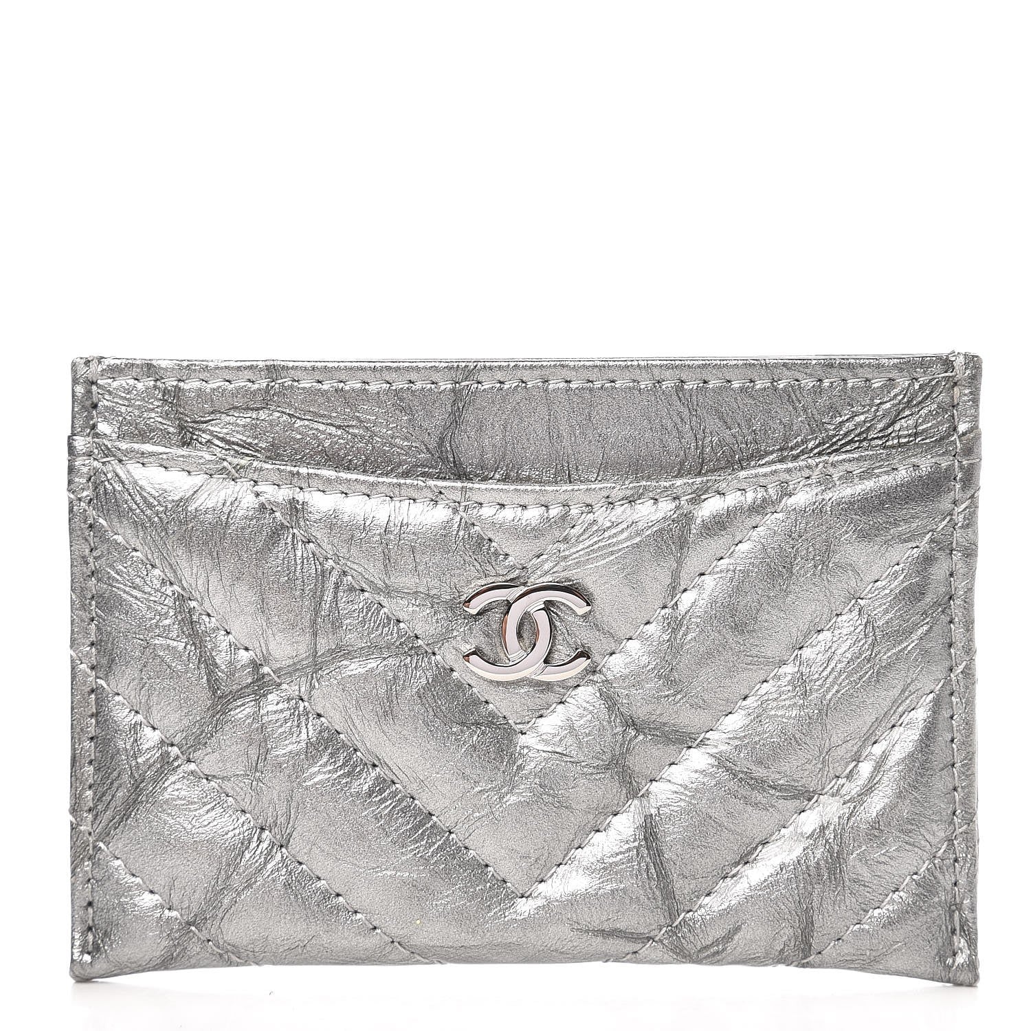 Chanel Patent Metallic Crumpled Calfskin Chevron Quilted Card Holder Silver 1 of 8