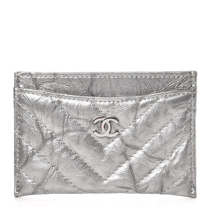 Chanel Patent Metallic Crumpled Calfskin Chevron Quilted Card Holder Silver 1 of 8