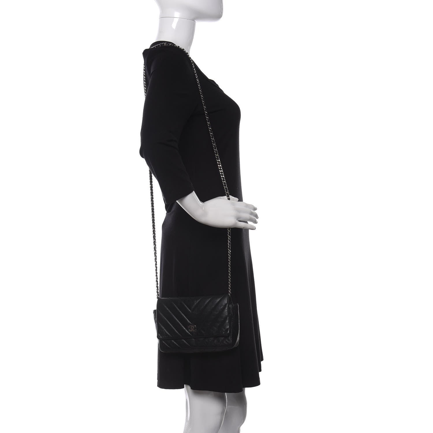 Chanel Lambskin Chevron Quilted Wallet On Chain WOC Black 2 of 11