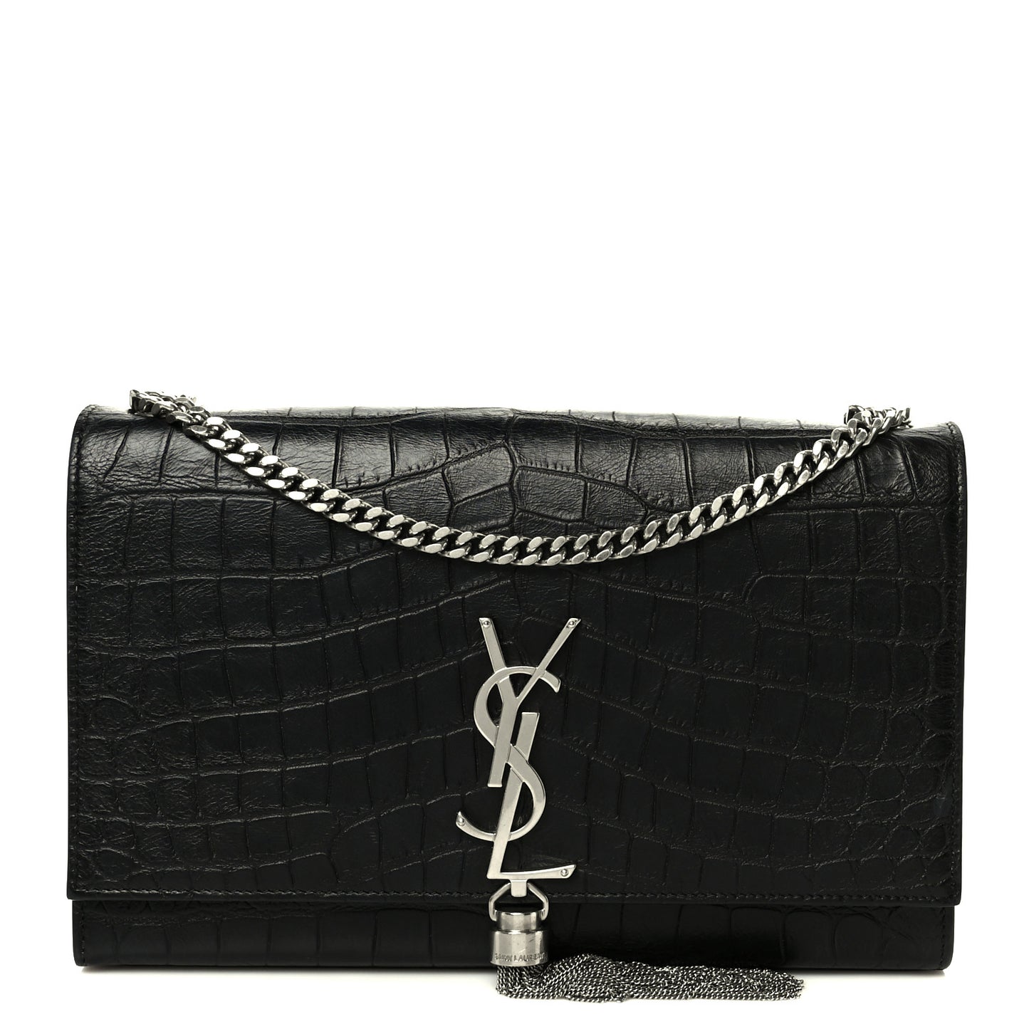 Calfskin Crocodile Embossed Medium Classic Monogram Kate Tassel Satchel Black