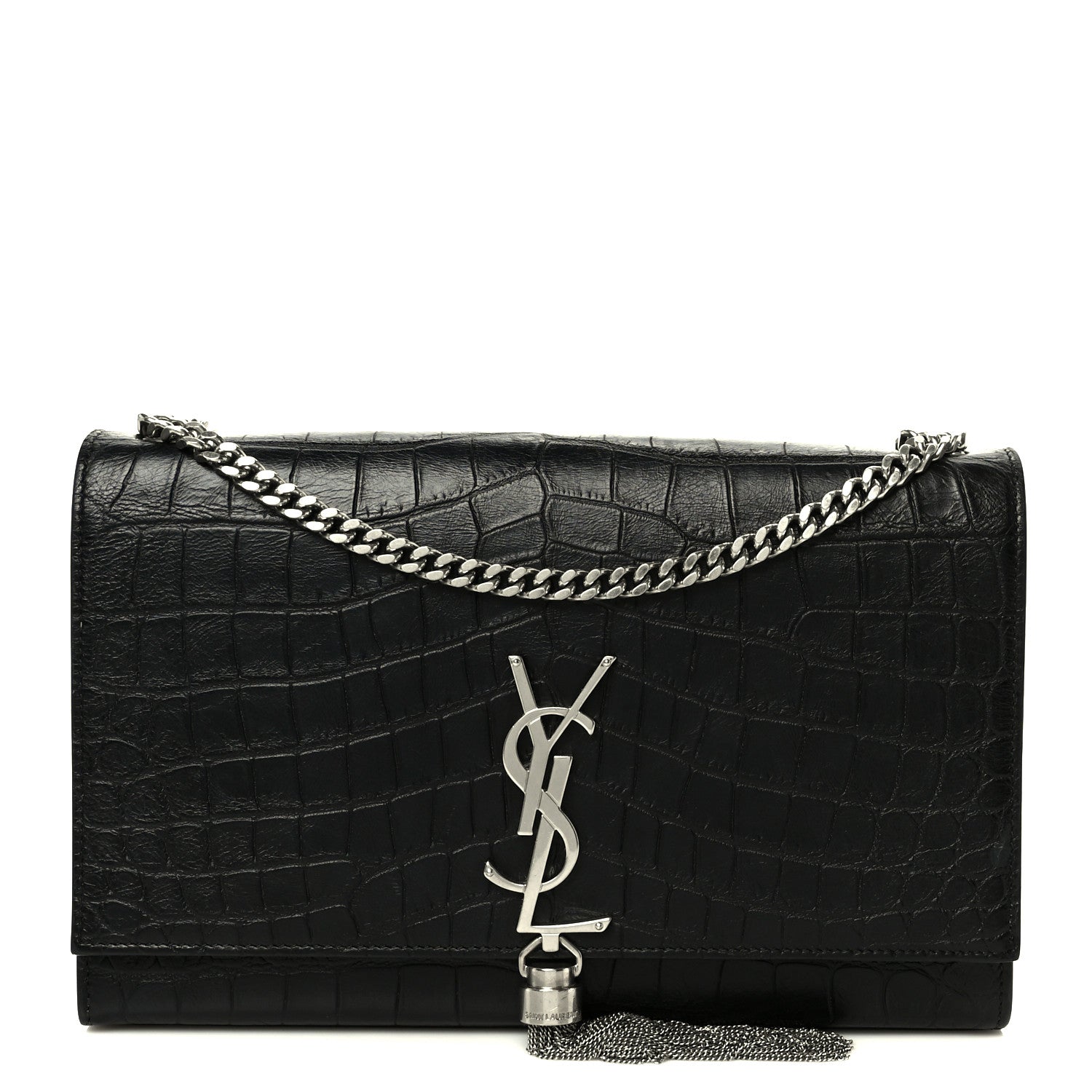 Saint Laurent Calfskin Crocodile Embossed Medium Classic Monogram Kate Tassel Satchel Black 1 of 12